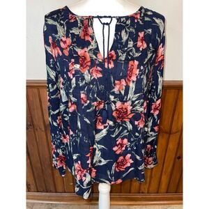 Womens Lucky Brand Navy Blue‎ Floral Long Sleeve Keyhole Tassel Pheasant Top S